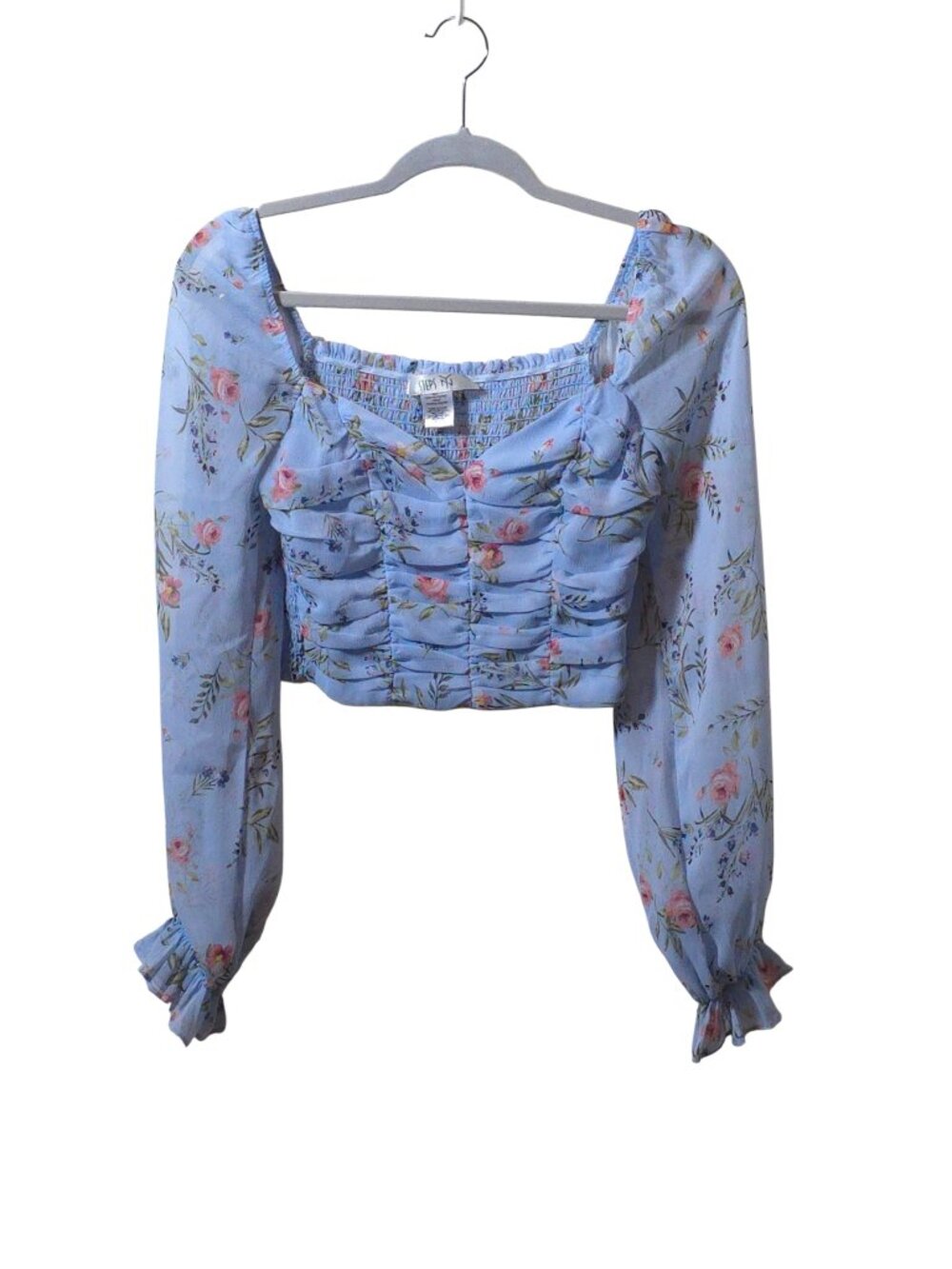 Fairycore Floral Ruched Crop Top Small Blue Cottagecore Puff Sleeve Coquette